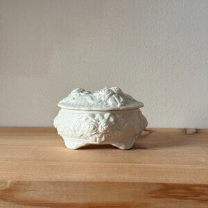 Vintage White Porcelain Rose Trinket Box Footed Jewelry Box with Lid